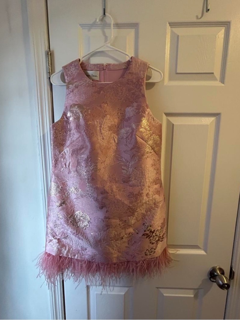 Women’s Pink Metallic Brocade Dress with Feather Hem